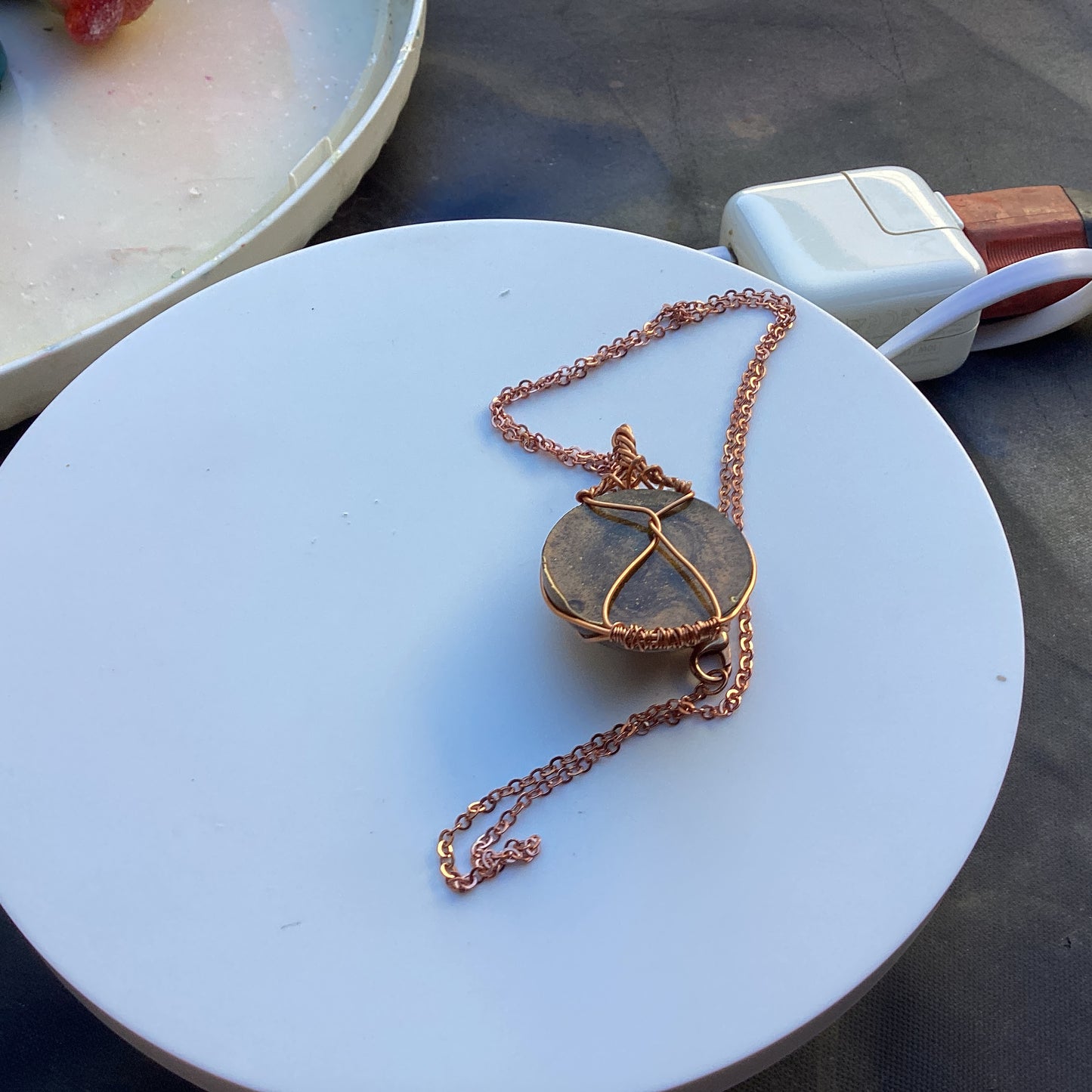 Handcrafted 1″ Mother of Pearl Pendant—Rose Gold Wire Wrap on Chain, Artisan Necklace”