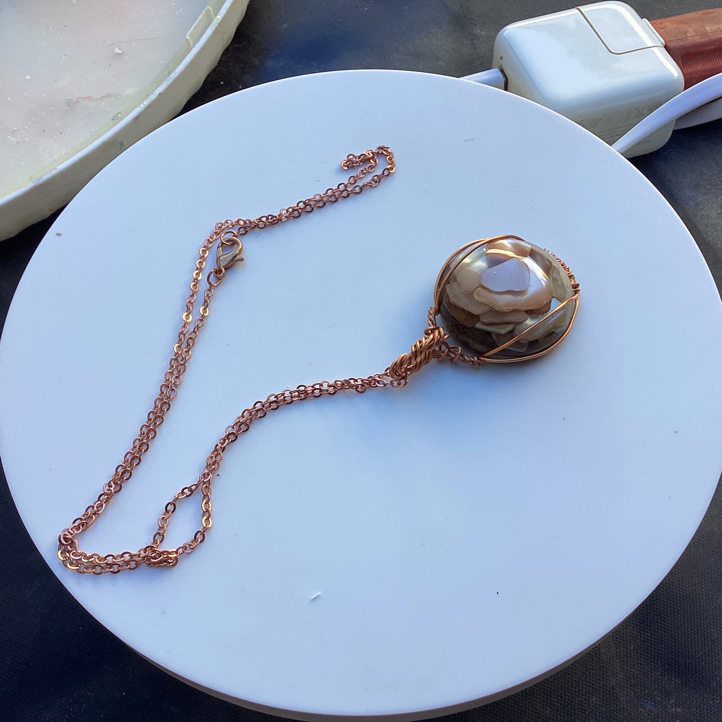 Handcrafted 1″ Mother of Pearl Pendant—Rose Gold Wire Wrap on Chain, Artisan Necklace”