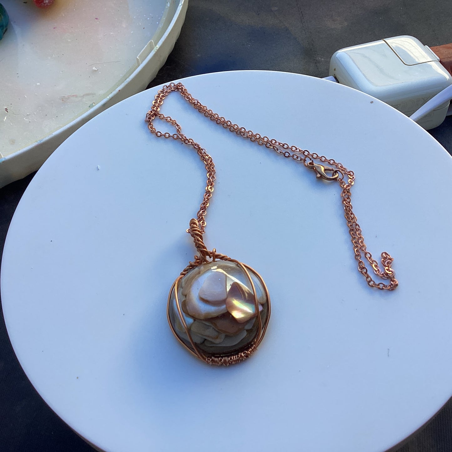 Handcrafted 1″ Mother of Pearl Pendant—Rose Gold Wire Wrap on Chain, Artisan Necklace”