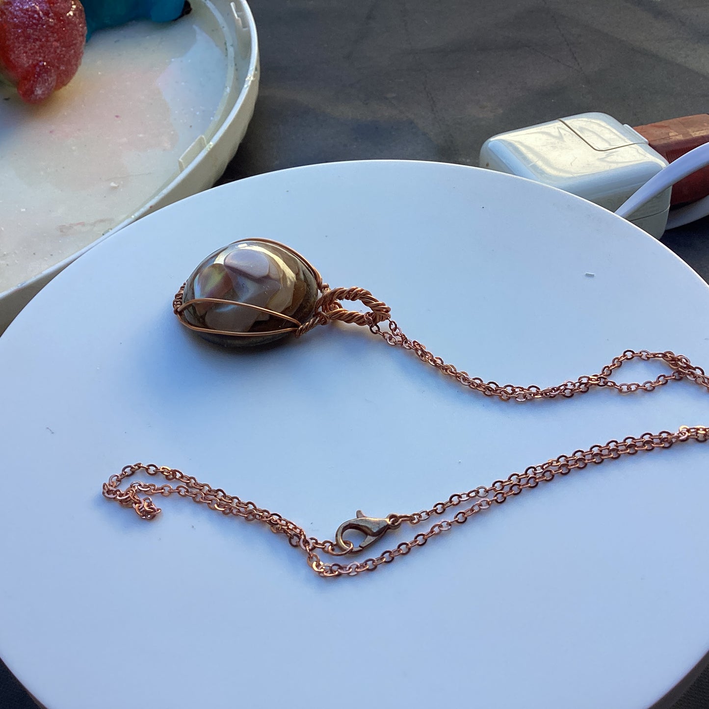 Handcrafted 1″ Mother of Pearl Pendant—Rose Gold Wire Wrap on Chain, Artisan Necklace”