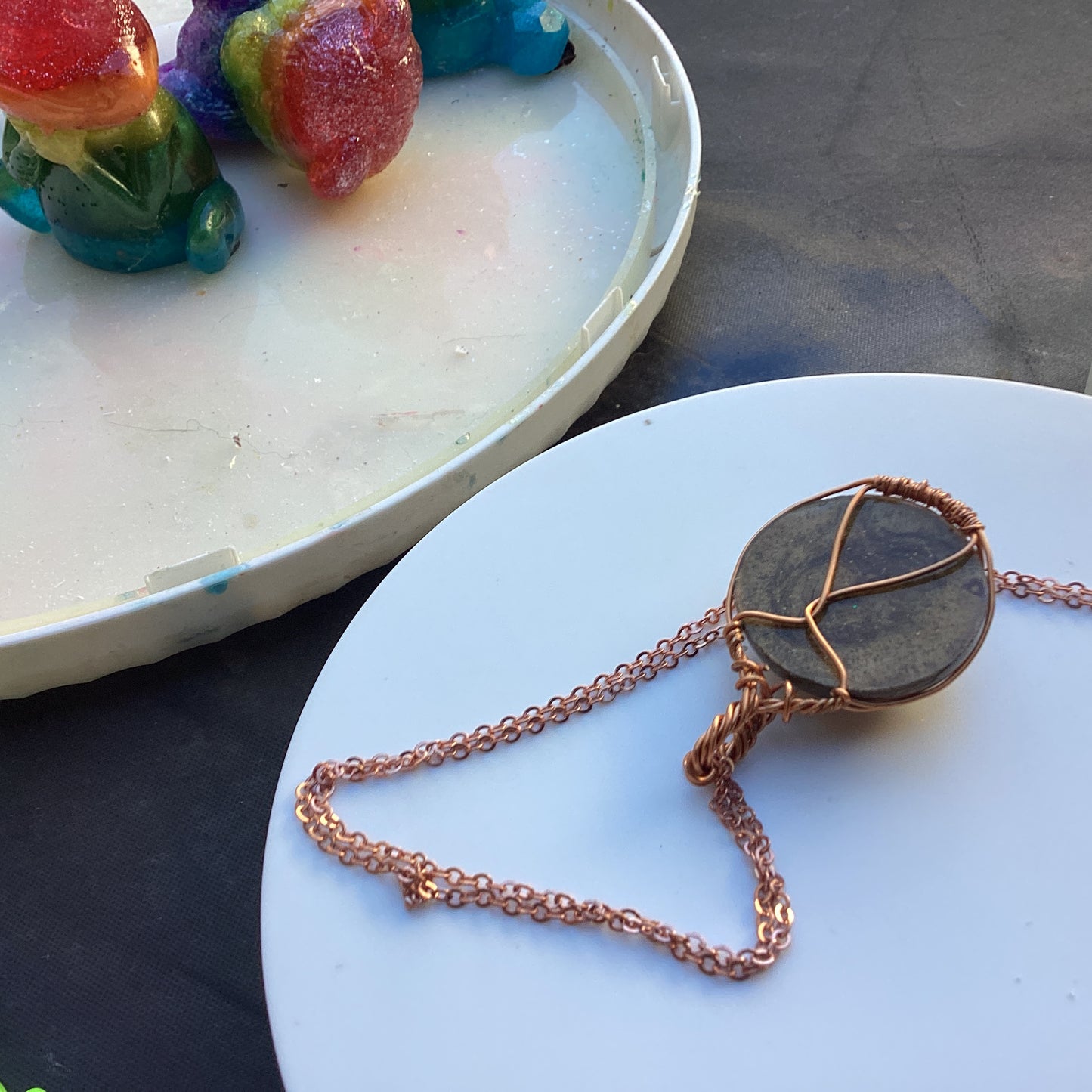Handcrafted 1″ Mother of Pearl Pendant—Rose Gold Wire Wrap on Chain, Artisan Necklace”