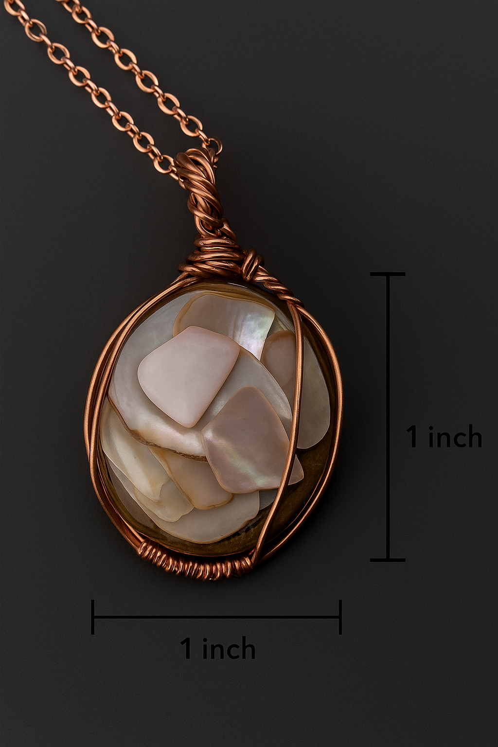 Handcrafted 1″ Mother of Pearl Pendant—Rose Gold Wire Wrap on Chain, Artisan Necklace”