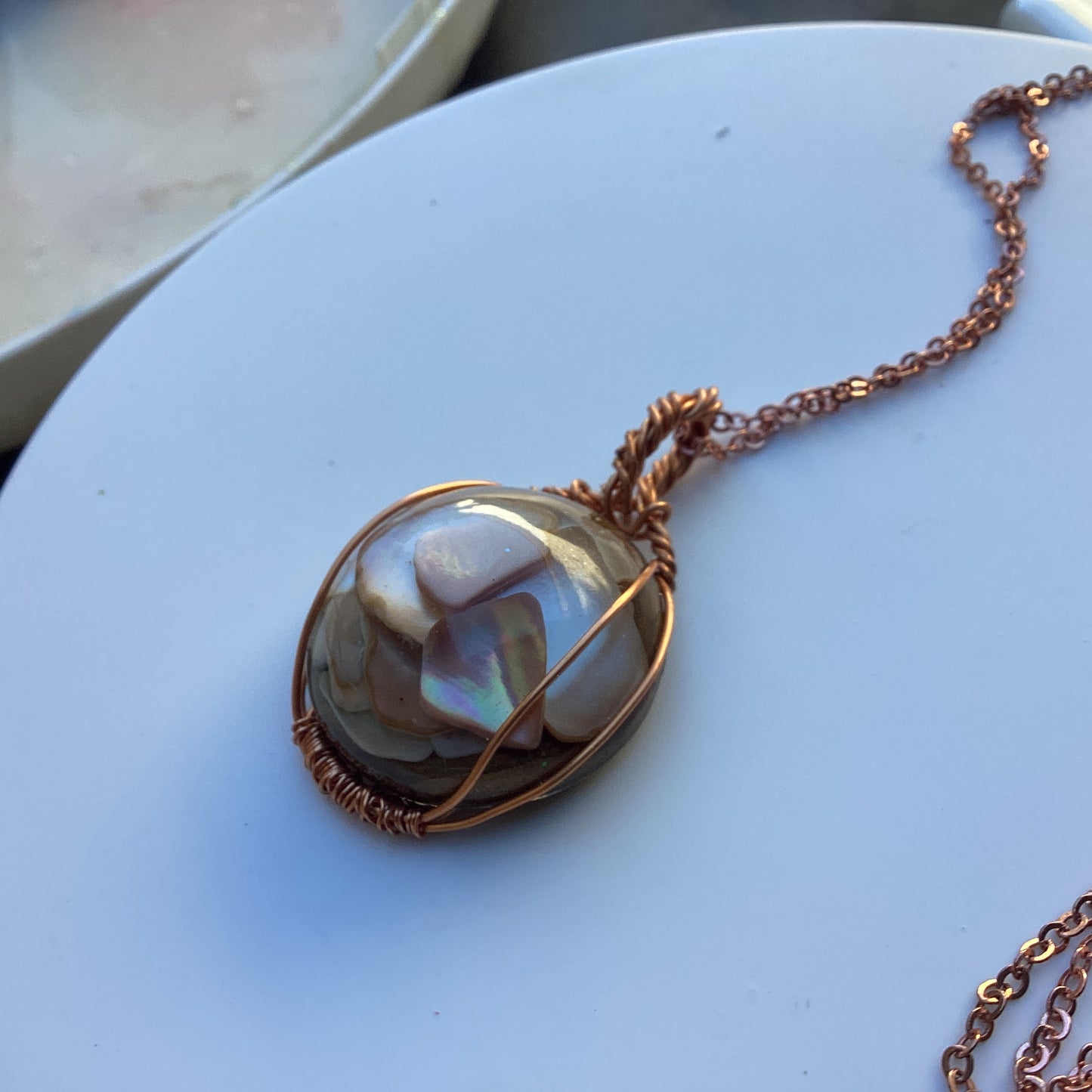 Handcrafted 1″ Mother of Pearl Pendant—Rose Gold Wire Wrap on Chain, Artisan Necklace”