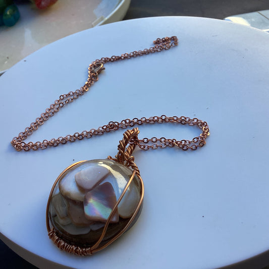 Handcrafted 1″ Mother of Pearl Pendant—Rose Gold Wire Wrap on Chain, Artisan Necklace”